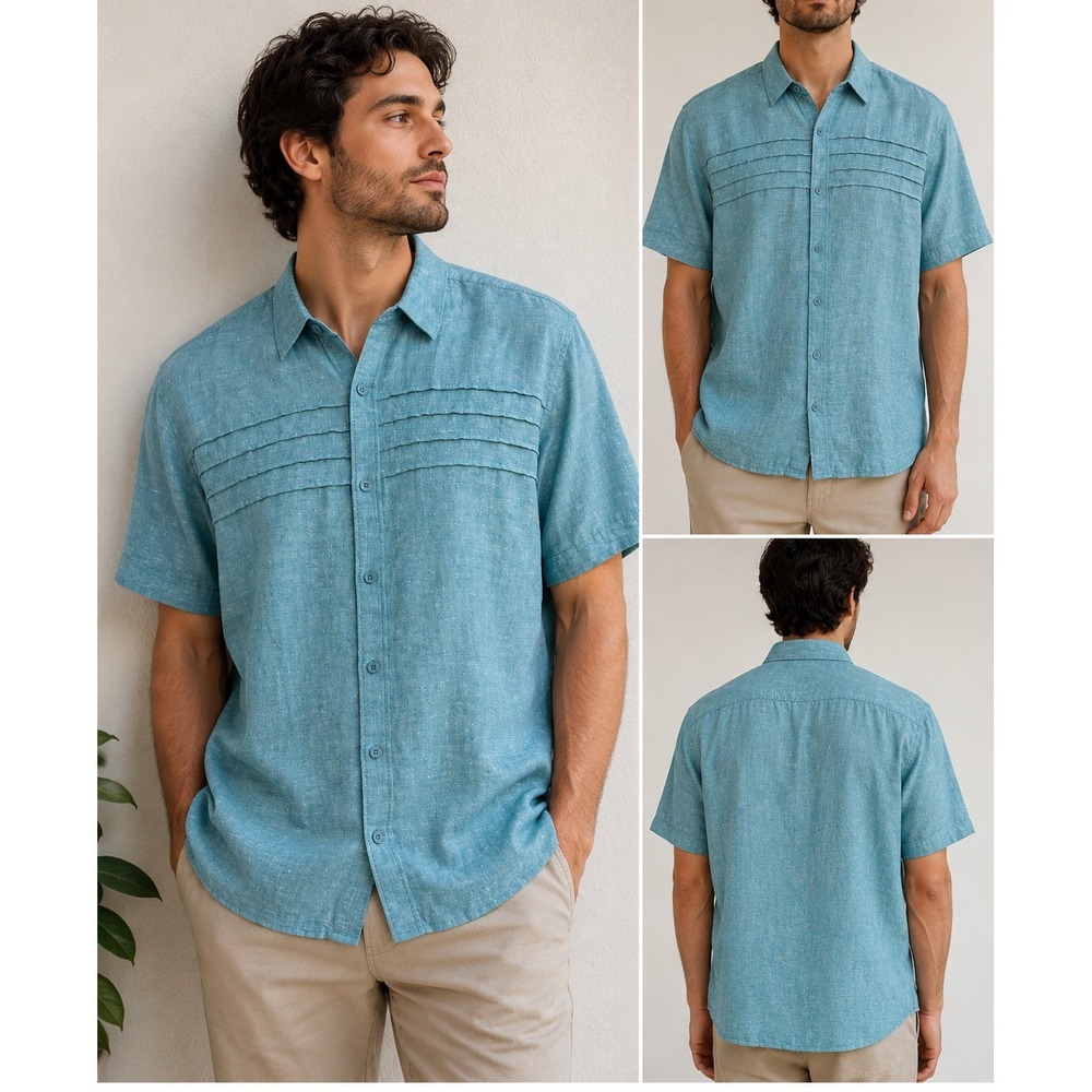 Cubavera Linen Cotton Blend Horizontal Pintcuk Button Short Sleeve Shirt Mens XL - Picture 1 of 12